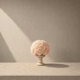 Fine art photography of a low travertine saucer vase holding premium eternal cream roses.