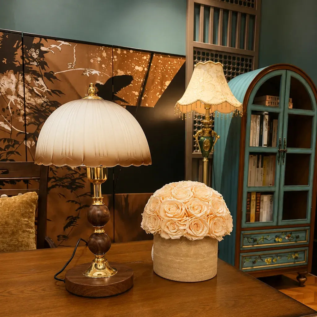 A preserved rose on a work desk. A floral arrangement in a reading corner. A piece of natural beauty in a home office.  It becomes something the man live with.