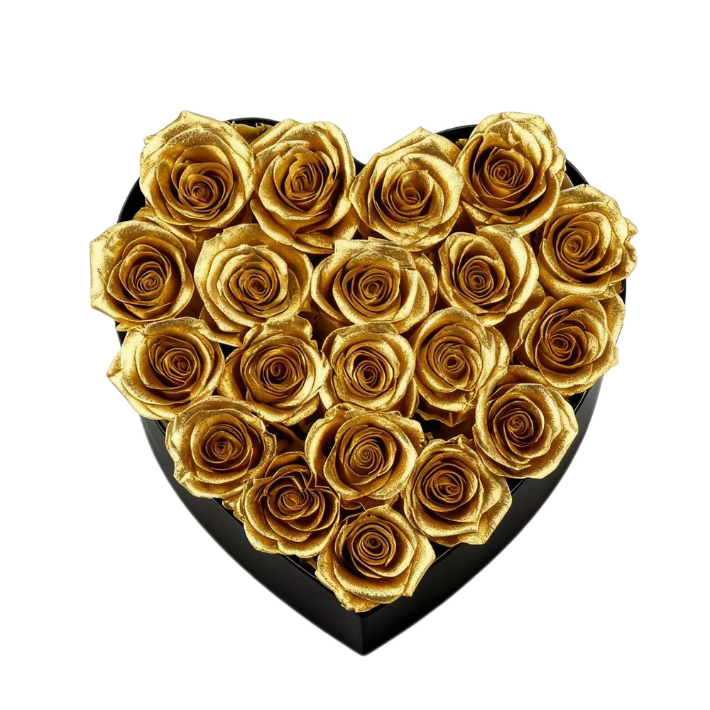 A luxurious heart box filled with 13 or 20 handcrafted forever roses, featuring a Parisian black hat-box design with gold detailing. Bloom 3+ years.