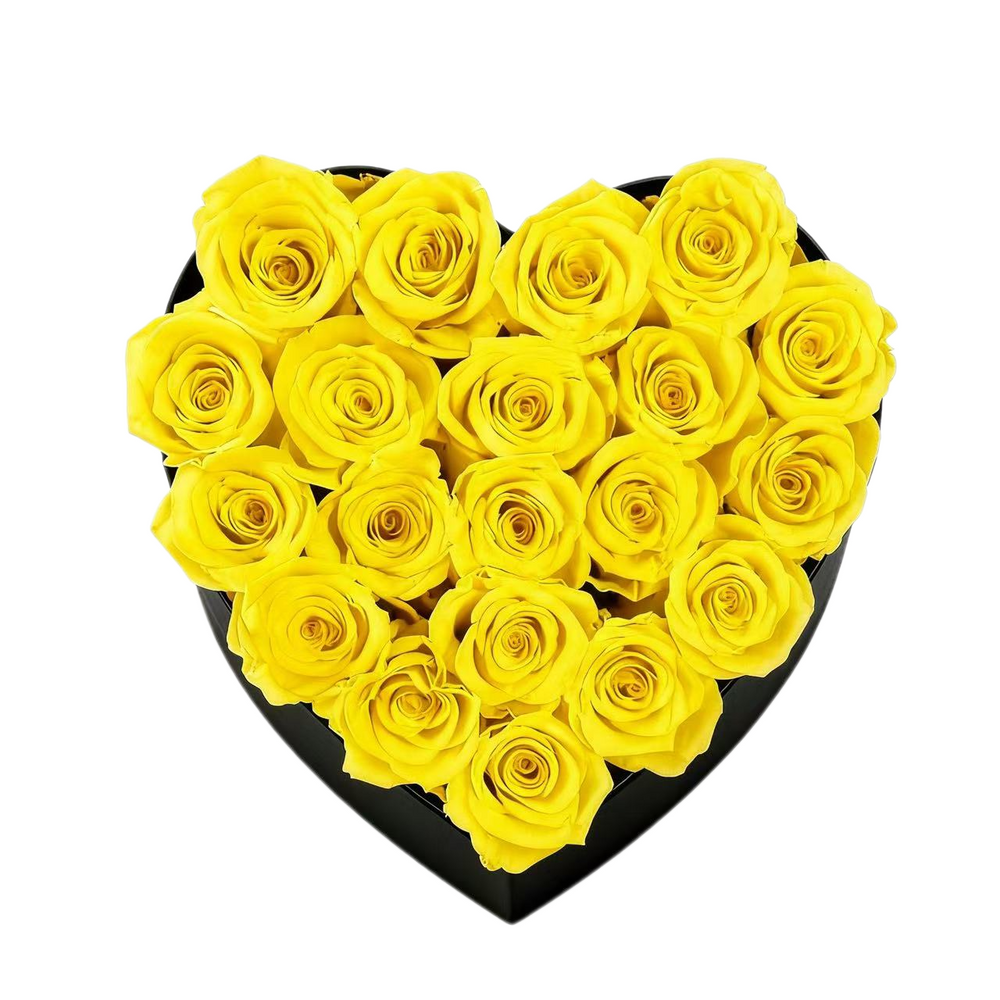 A luxurious heart box filled with 13 or 20 handcrafted forever roses, featuring a Parisian black hat-box design with gold detailing. Bloom 3+ years.