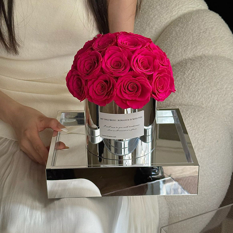 Embrace elegance with our Eternal Flower Hug Bucket, featuring vibrant preserved roses in a mirrored luxury design — a perfect gift for birthdays, anniversaries, mother's day and romantic surprises. Bloom 3+ years.