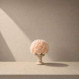 Fine art photography of a low travertine saucer vase holding premium eternal cream roses.