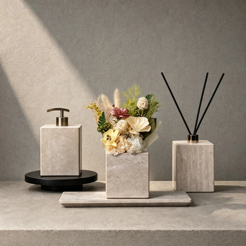 Artisan home ritual set featuring uncarved geological stone sculptures with zero industrial splicing.