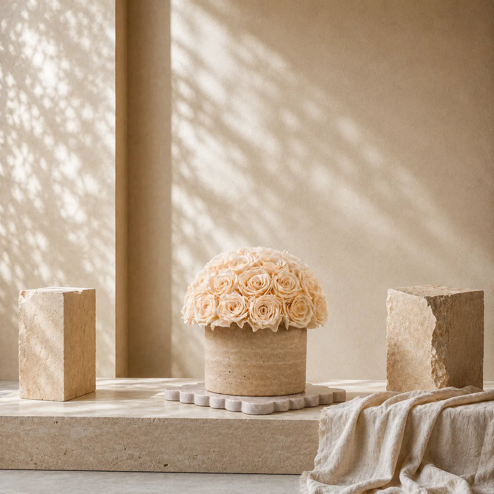 A dome arrangement of premium champagne preserved roses in a textured cylindrical travertine vase, styled on a stone pedestal with soft warm shadows for luxury home decor.