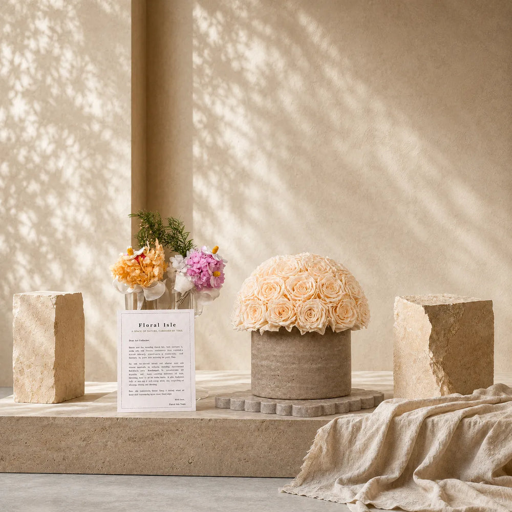 Champagne eternal rose dome centerpiece displayed alongside an elegant Floral Isle greeting card and unboxing elements on a travertine surface.