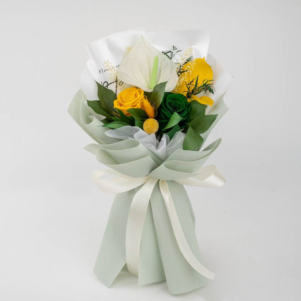 This elegant preserved flower bouquet features vibrant anthuriums, roses, and soft hydrangeas wrapped in rich tones. A perfect long-lasting gift for birthdays, anniversaries, or fall celebrations — exuding warmth, luxury, and timeless beauty in every detail.