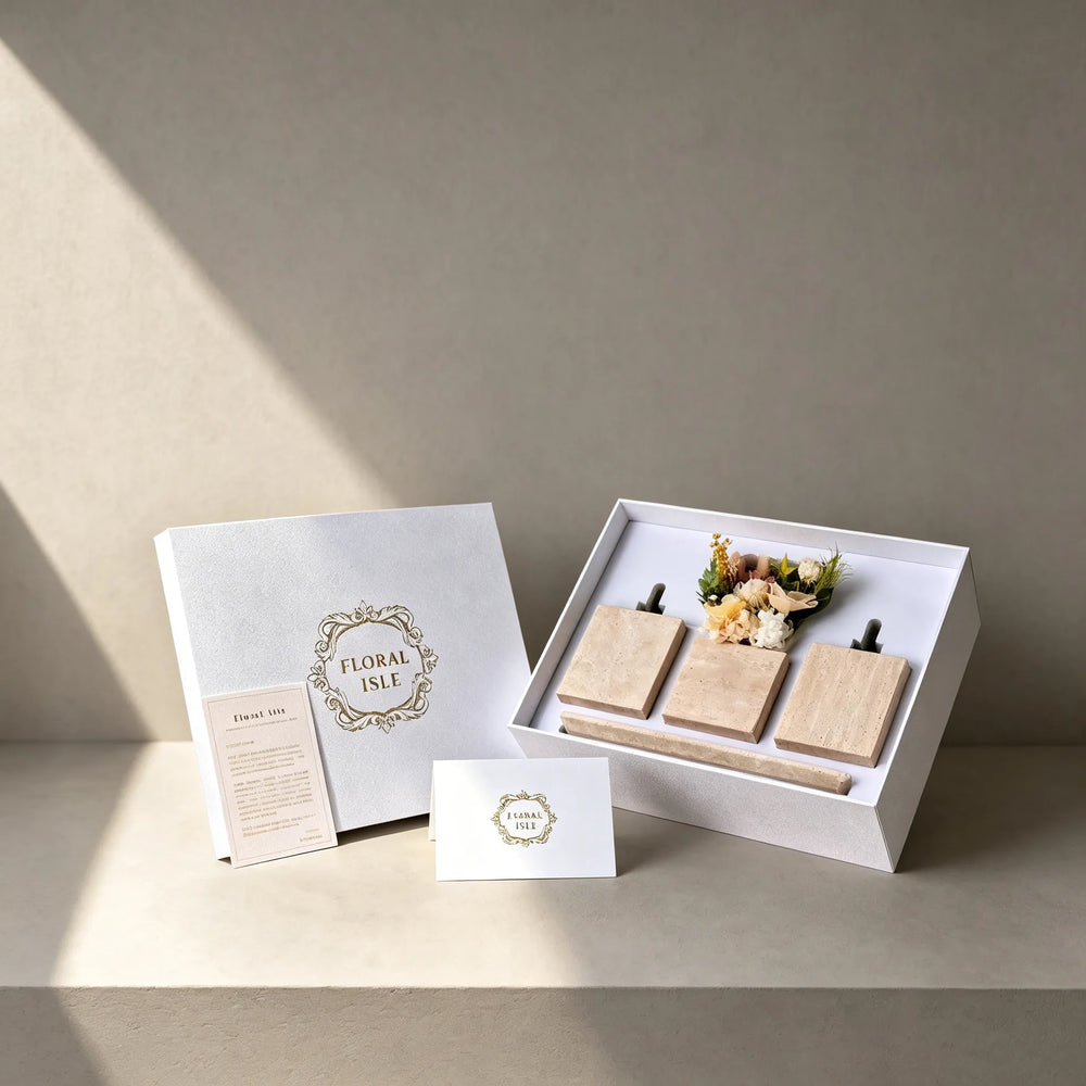 Minimalist bedroom styling featuring floralisle raw travertine stone set with preserved flowers.