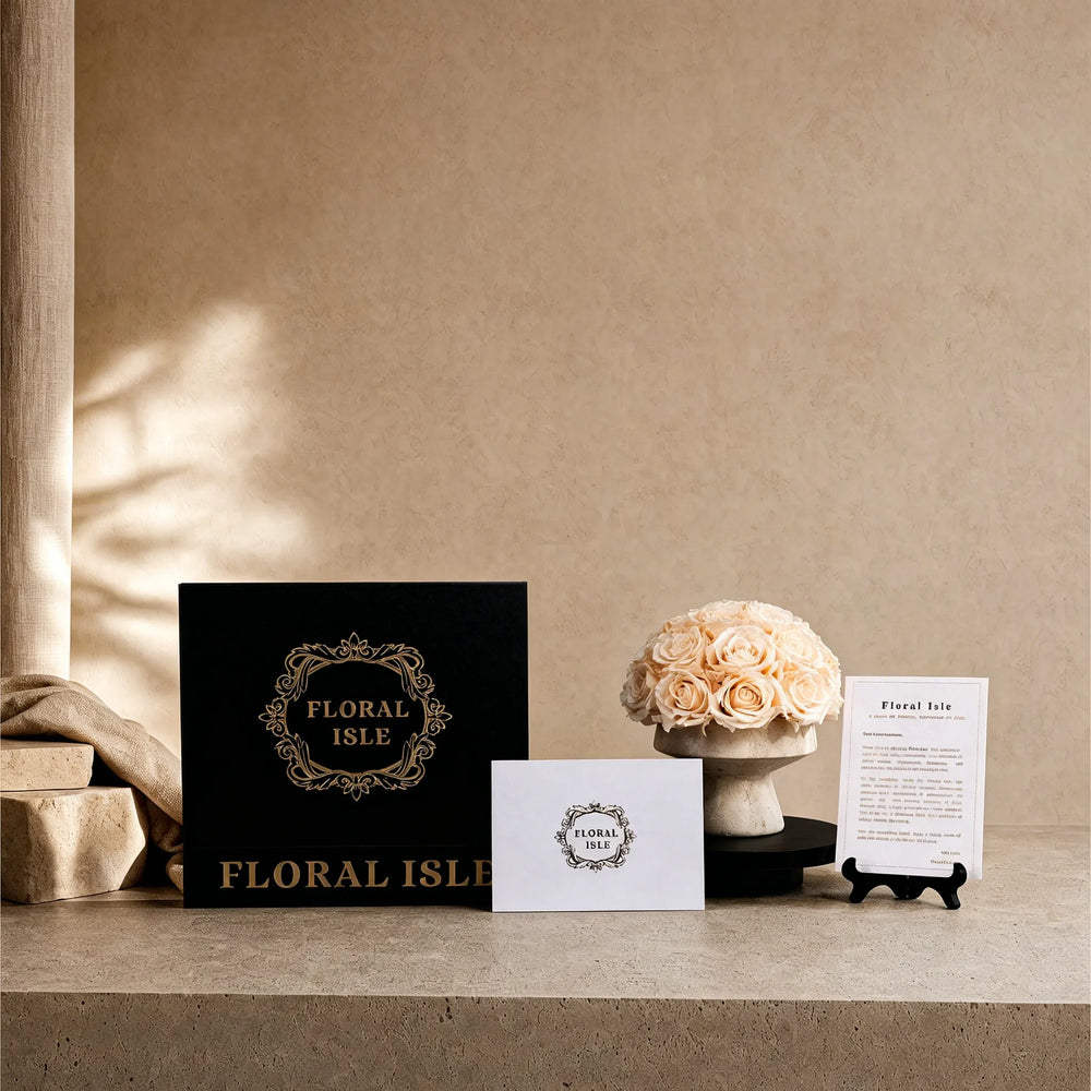 Artistic editorial display of Floral Isle eternal champagne rose stone centerpiece on a mantel with poetic morning shadows.
