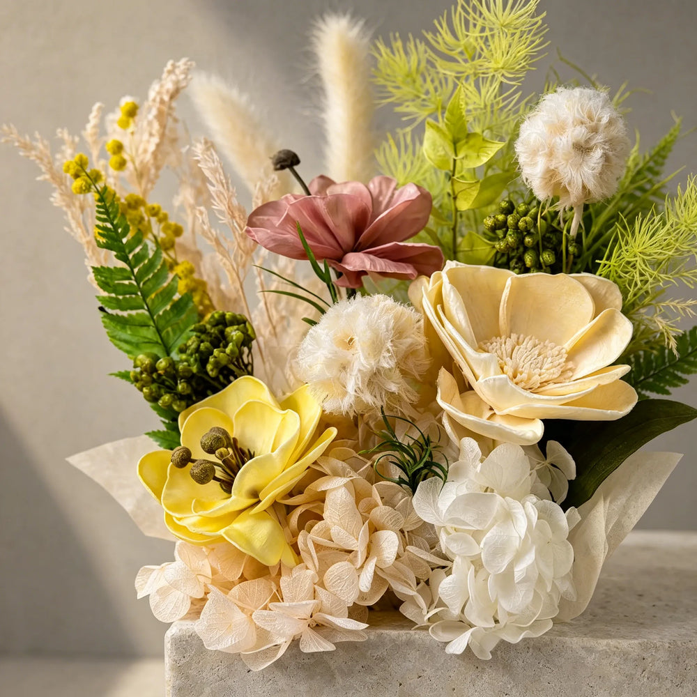 Trio of natural uncut travertine stones with preserved flowers on a minimalist base.
